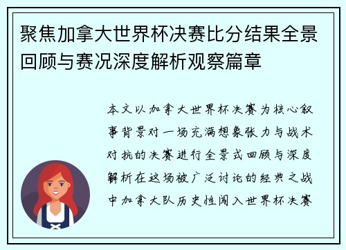 聚焦加拿大世界杯决赛比分结果全景回顾与赛况深度解析观察篇章